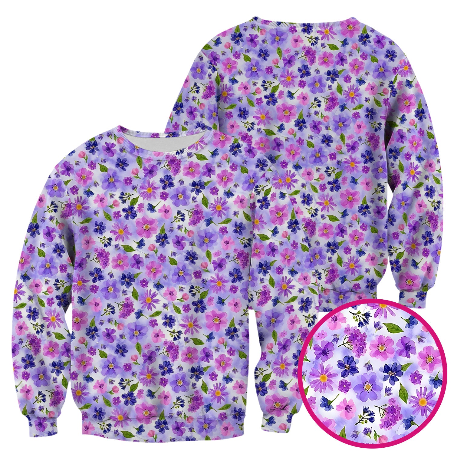Purple Watercolor Wildflower Bloom Pattern Scrub Top, Comfortable Scrubs for Nurses