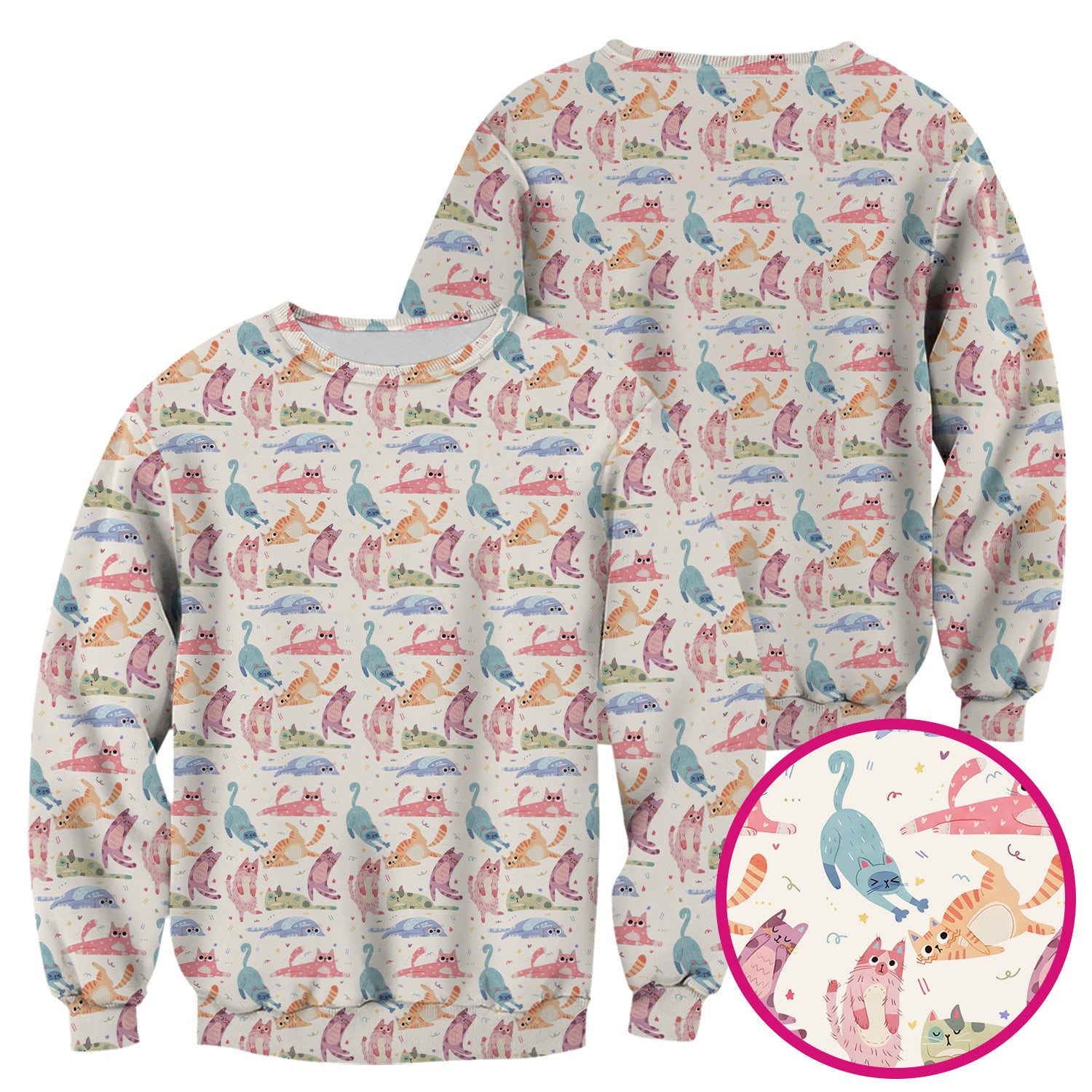 Funny Pastel Cat Pattern Medical Scrub Top, Breathable Fabrics Nursing Uniform