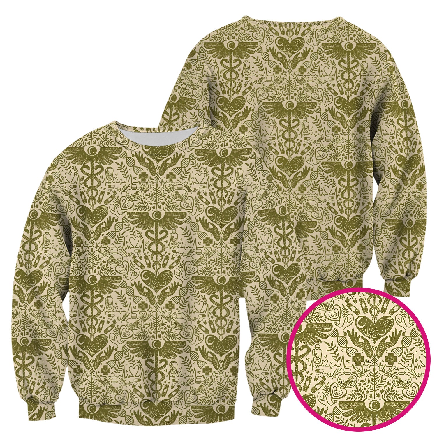 Inspirational Botanical Medical Caduceus Heart Nurse Pattern Scrub Top, Breathable Fabrics Nursing Uniform