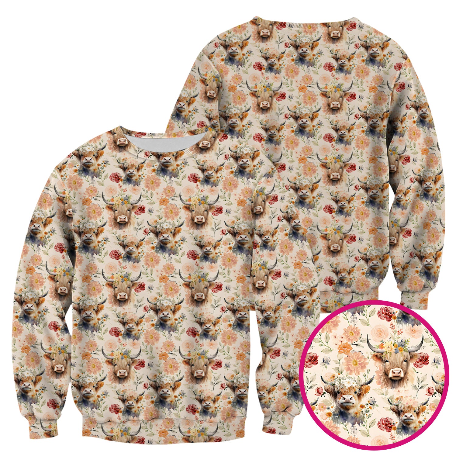 Cute Highland Cow Floral Pattern Scrub Top, Comfortable Scrubs for Nurses