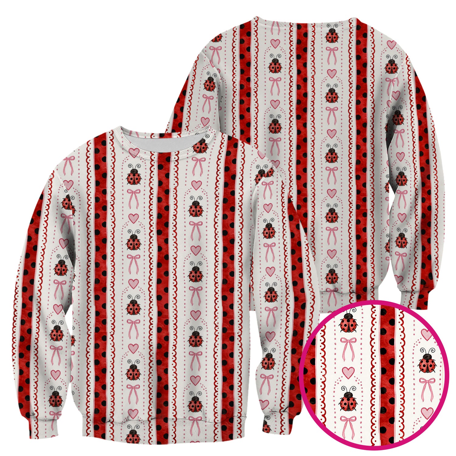Cute Ladybug Heart Bow Stripe Pattern Scrub Top, Red Polka Dot Nurse Uniform