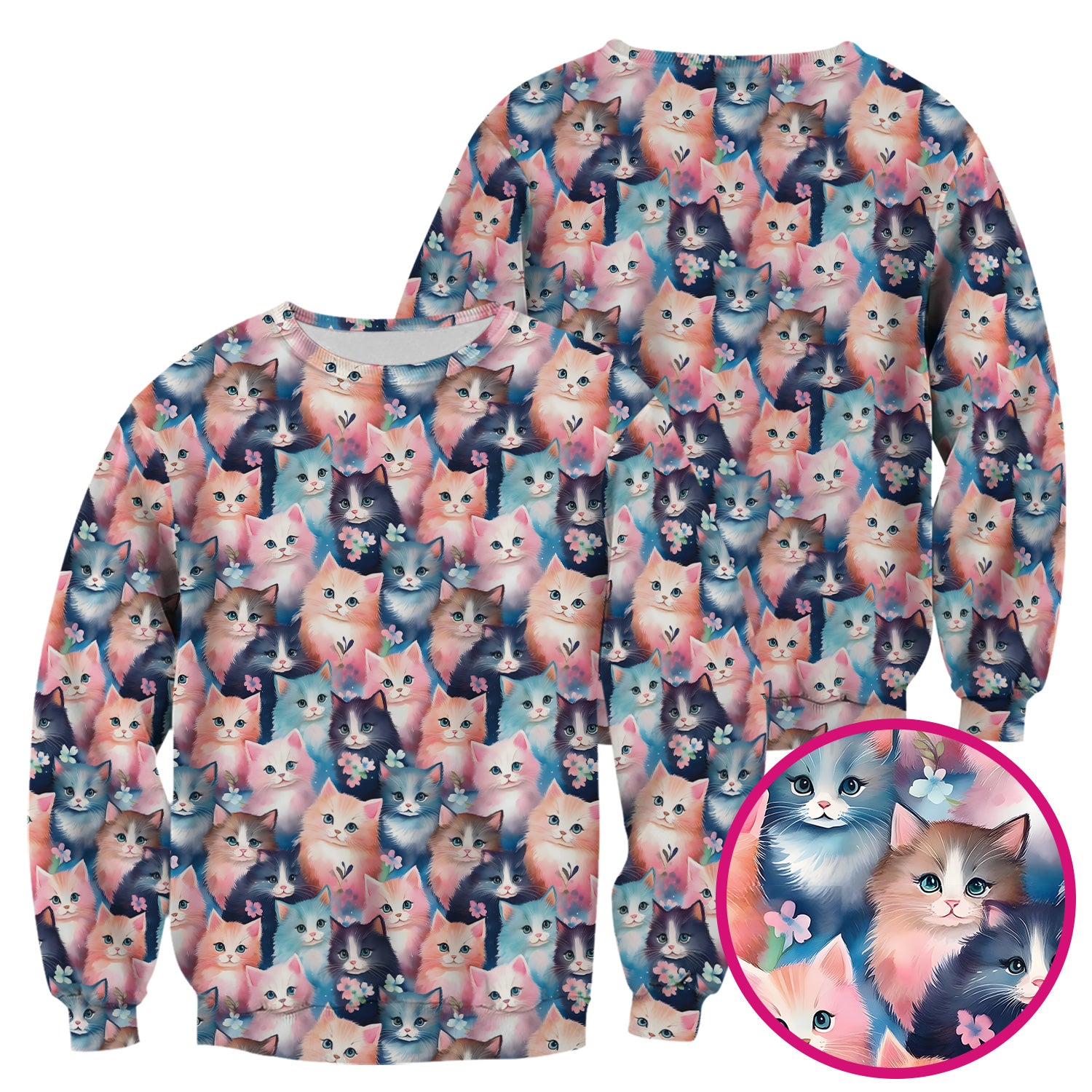 Pastel Kitten Pattern Scrub Top, Cute Aesthetic Cat Nursing Uniform for Women