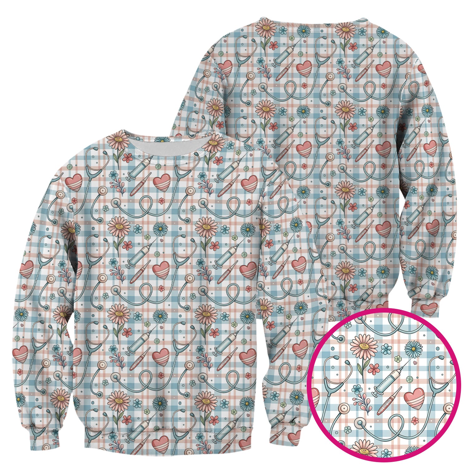 Stethoscope Heart Syringe Floral Plaid Pattern Scrub Top, Comfortable Scrubs for Nurses