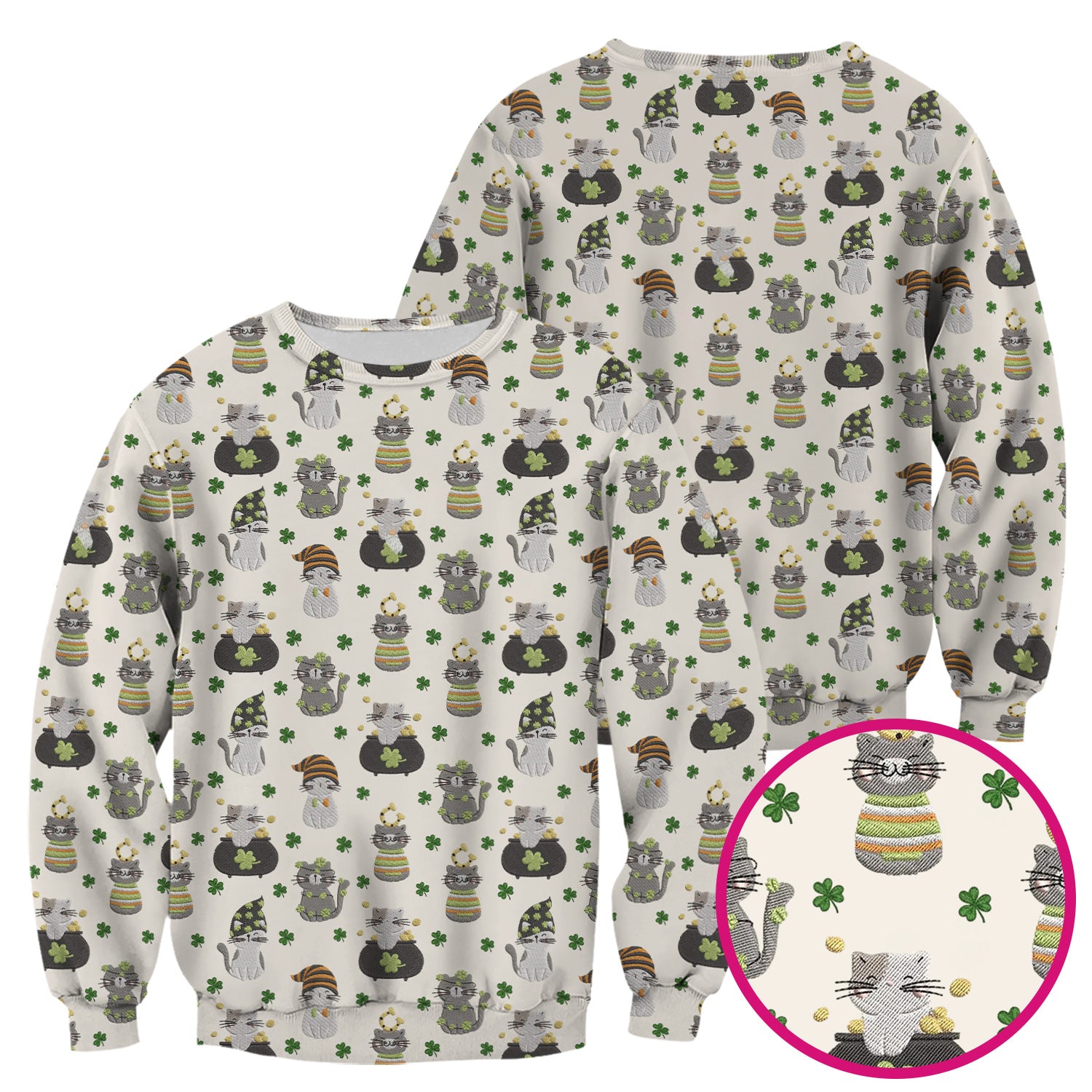 St. Patrick’s Day Scrub Top, Lucky Cat With Shamrock Pattern Shirt, Breathable Fabrics Nursing Uniform