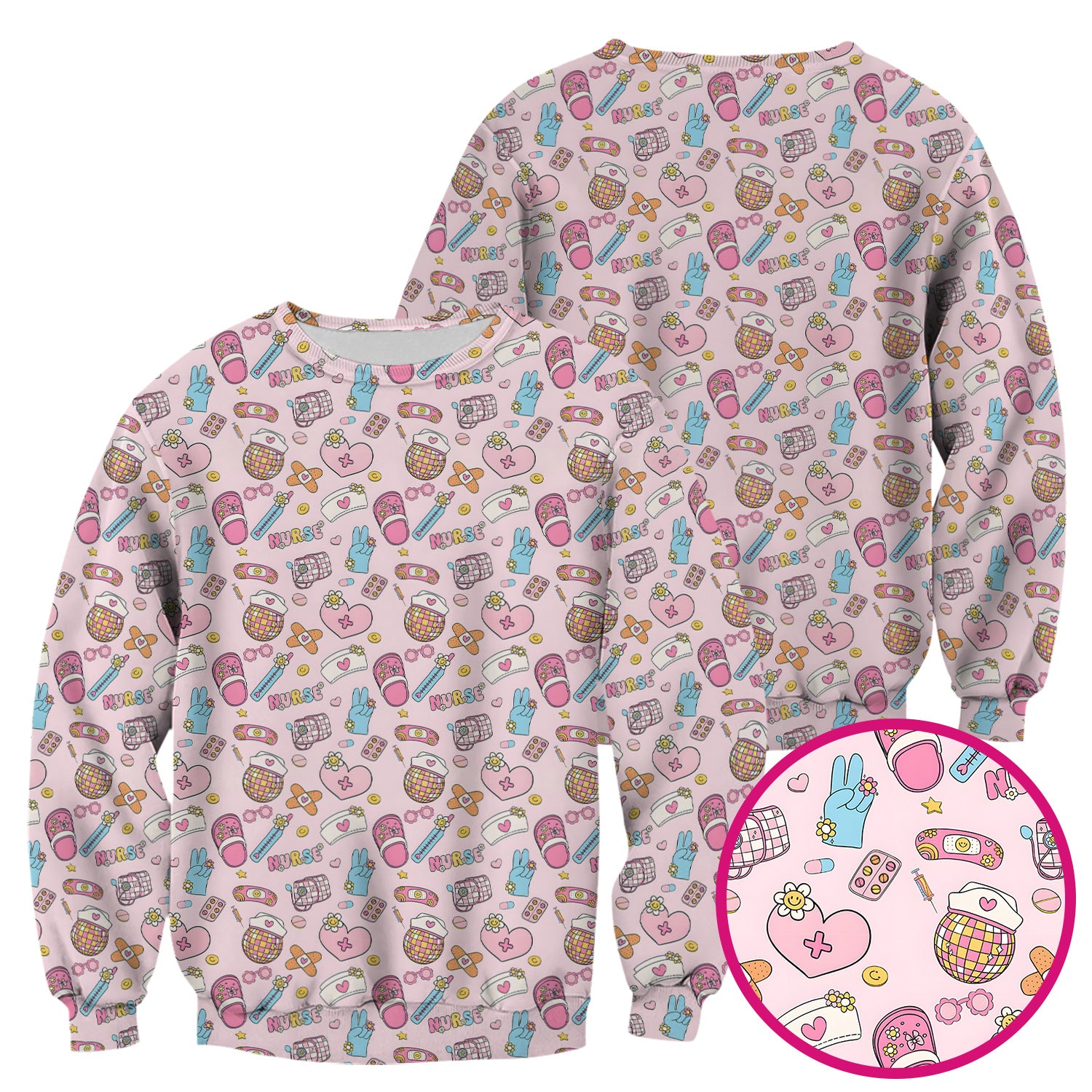 Cute Nurse Pink Medical Tools Pattern Scrub Top, Breathable Healthcare Uniform Top