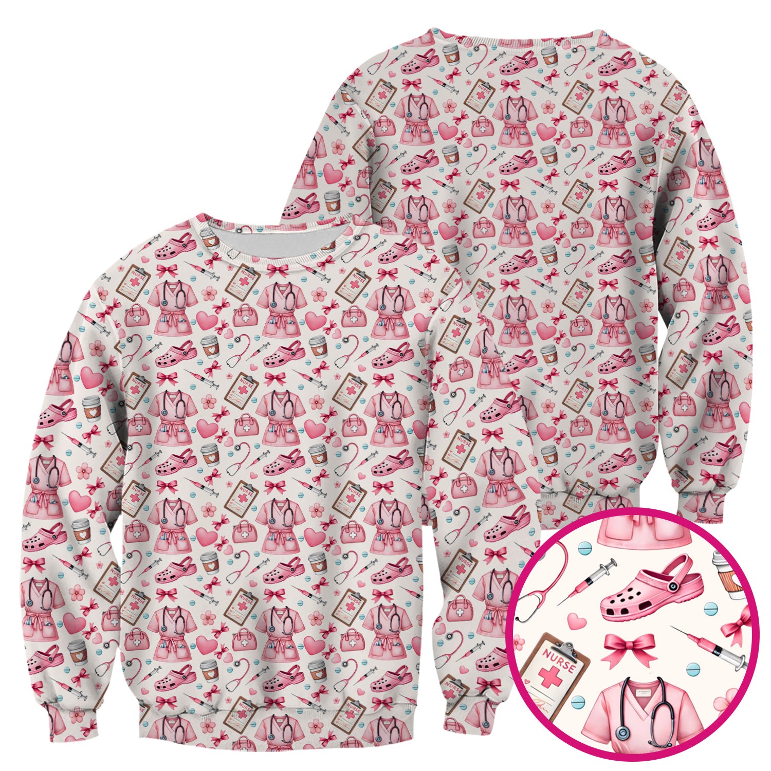 Valentine Pink Nurse Icons Print Scrub Top, Comfortable Scrubs for Nurses