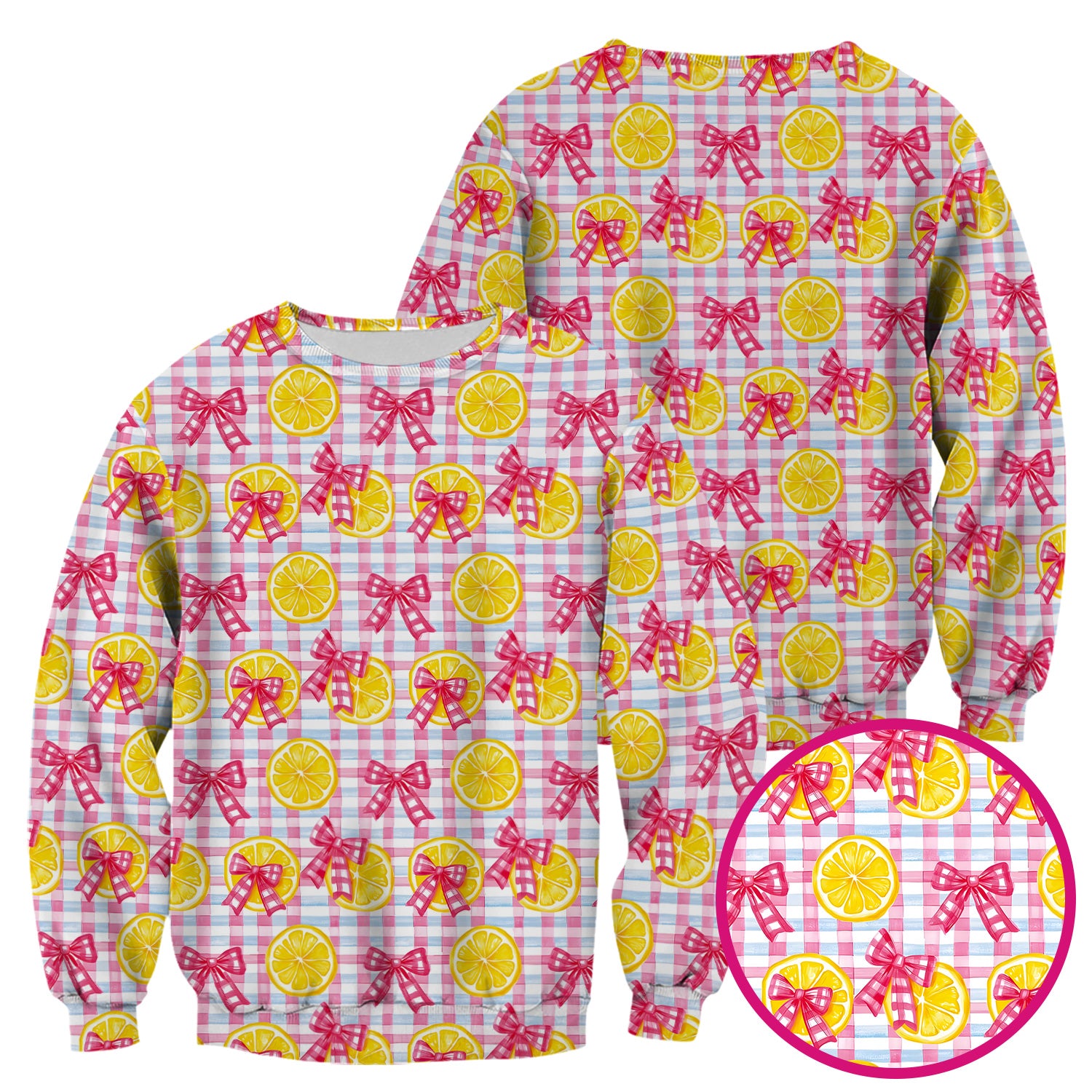 Cute Lemon Slice Pink Bow Gingham Pattern Scrub Top, Comfortable Scrubs for Nurses