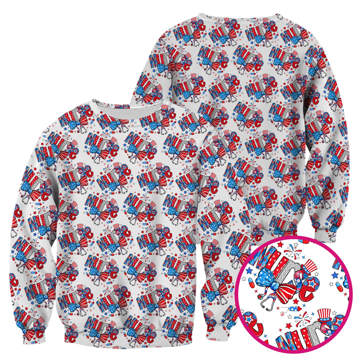 USA Nurse Stethoscope Patriotic Bow Hat Pattern Scrubs Top, Comfortable Scrubs for Nurses