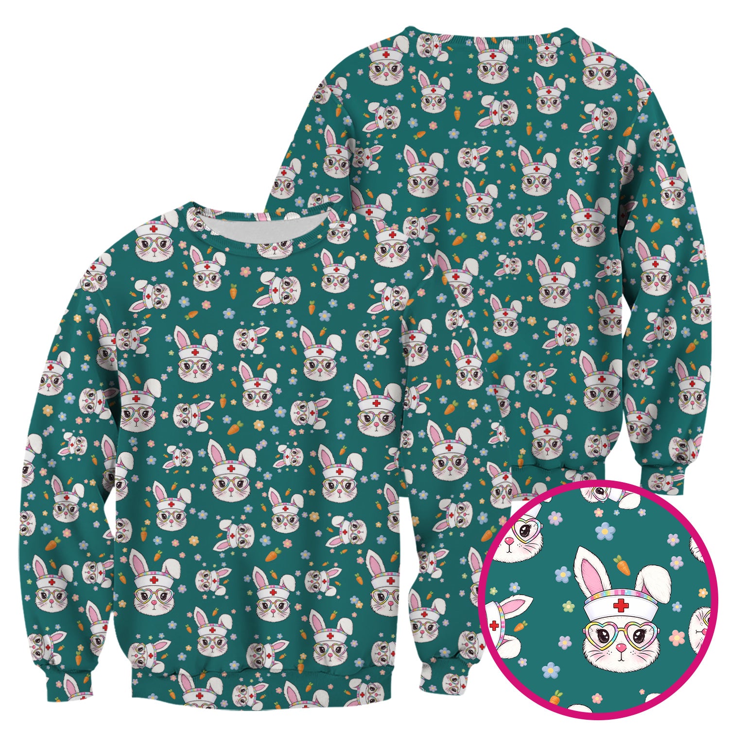 Cute Easter Bunny Nurse Pattern Scrub Top, Breathable Fabrics Nursing Uniform