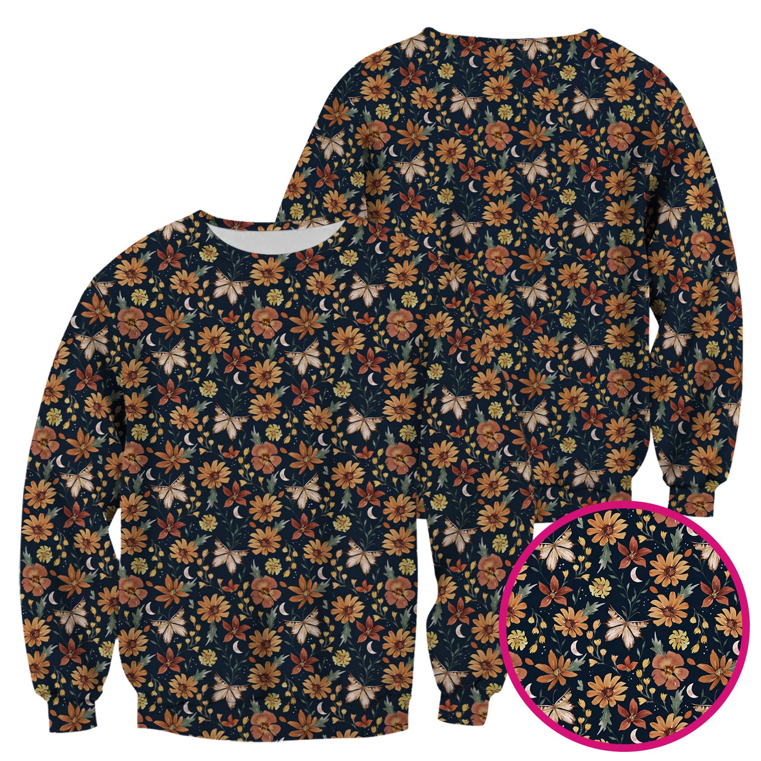 Charming Autumn Floral Butterfly Moon Pattern Scrub Top, Breathable Fabrics Nursing Uniform