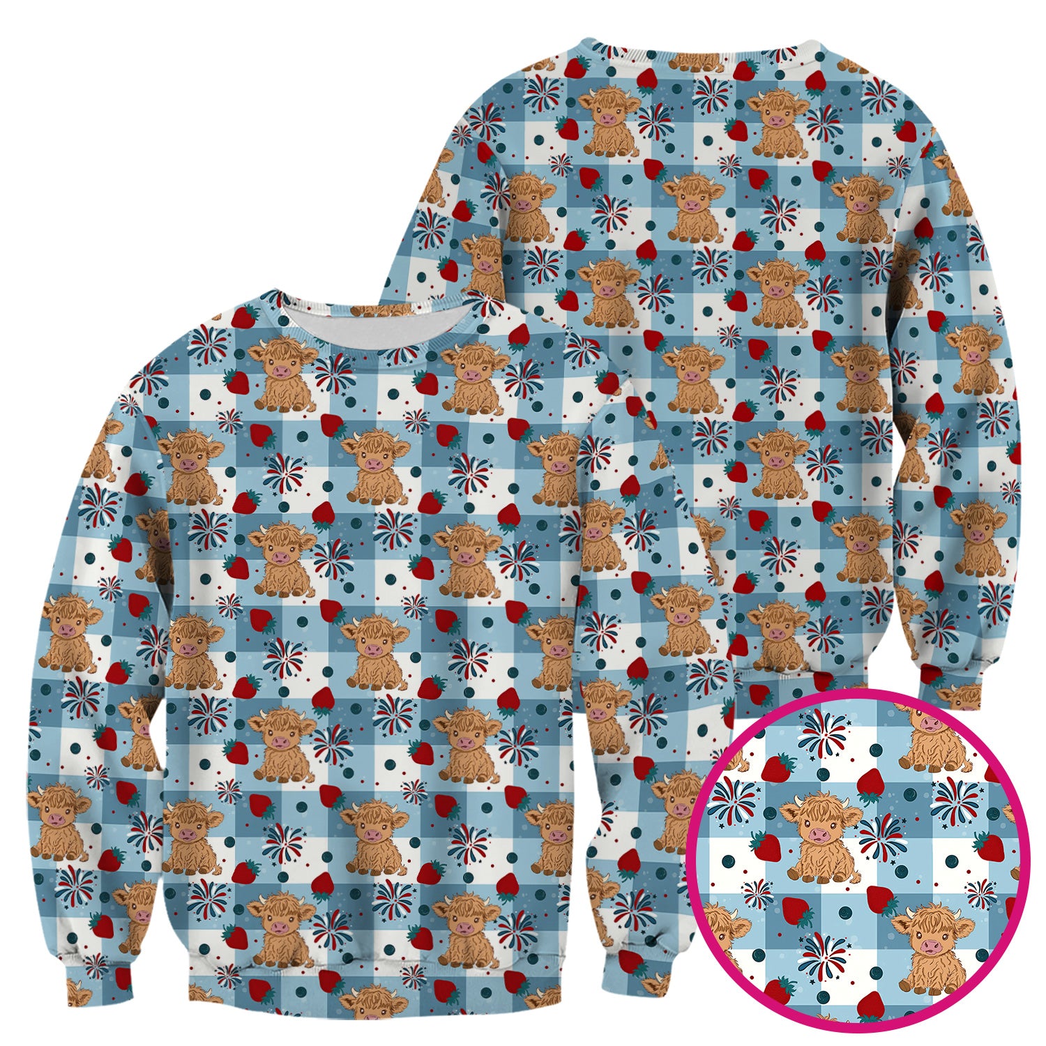 Highland Cow Strawberry Firework Gingham Pattern Scrub Top, Comfortable Scrubs for Nurses