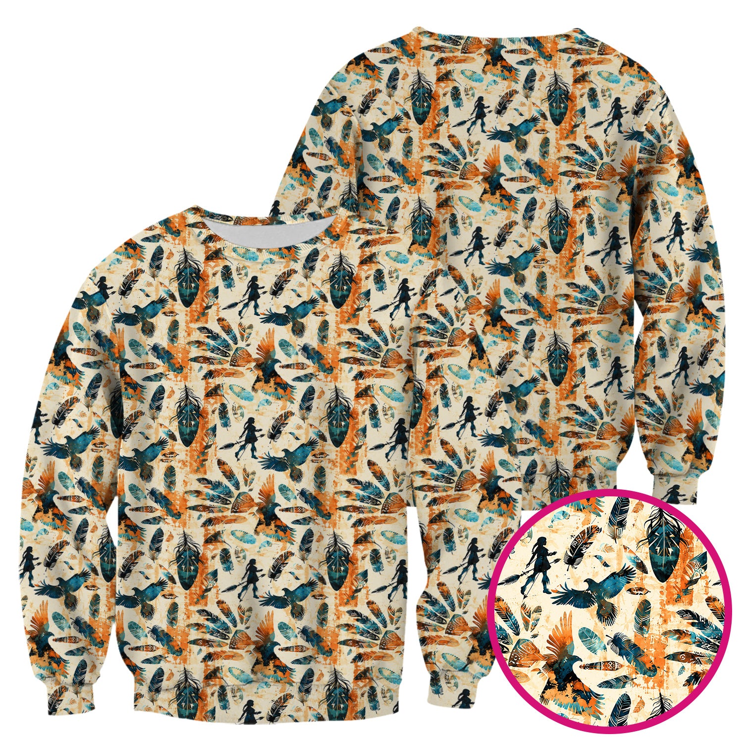 Feather Birds Tribal Print Scrub Top, Comfortable Scrubs for Nurses