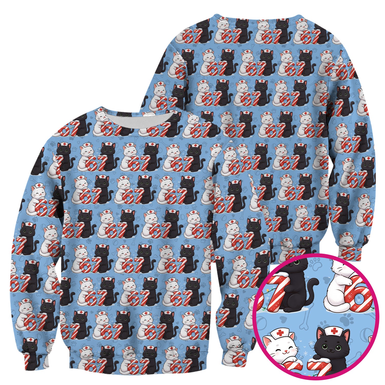 Xmas Cat Pattern Scrub Top, Christmas Nurse Six Seven With Cat Scrub Shirt, Breathable Fabrics Nursing Uniform