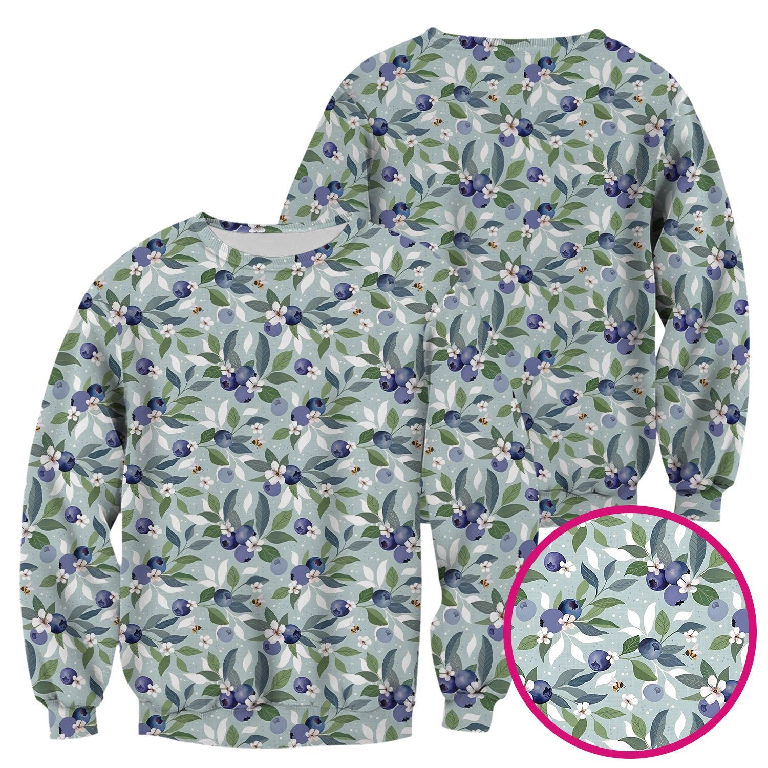 Fresh Blueberry Blossom Garden Pattern Nurse Scrub Top, Breathable Fabrics Nursing Uniform
