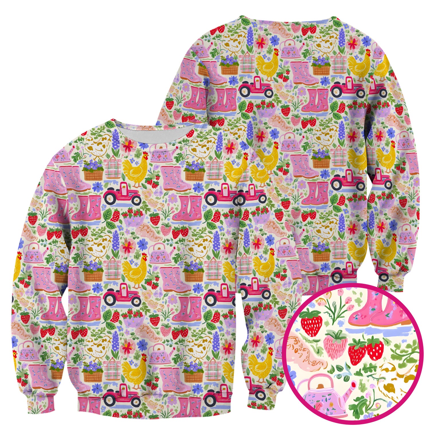 Cute Farm Garden Chicken Pattern Scrub Top, Colorful Spring Countryside Nursing Uniform for Women