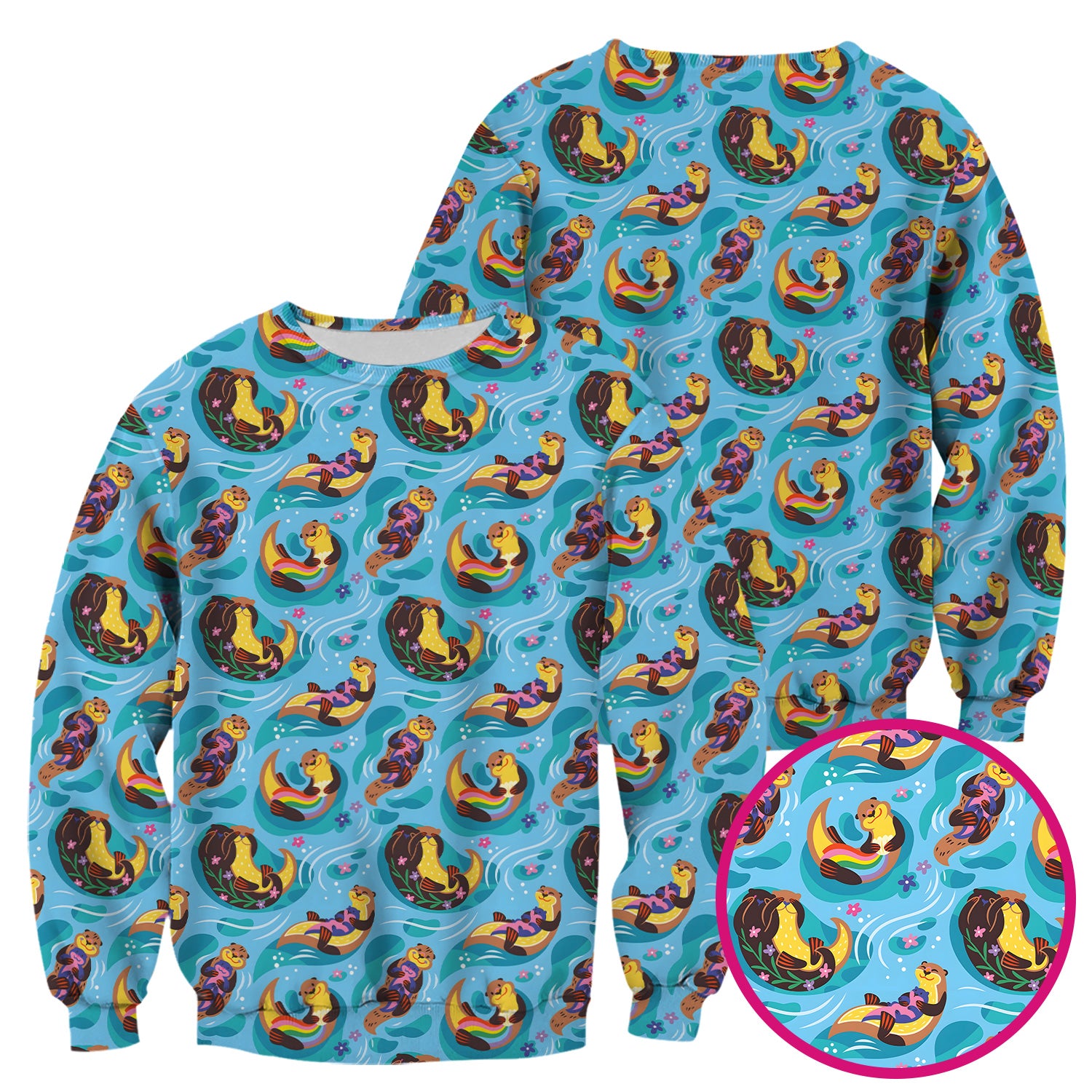 Otter Floating River Rainbow Pattern Scrub Top, Comfortable Scrubs for Nurses