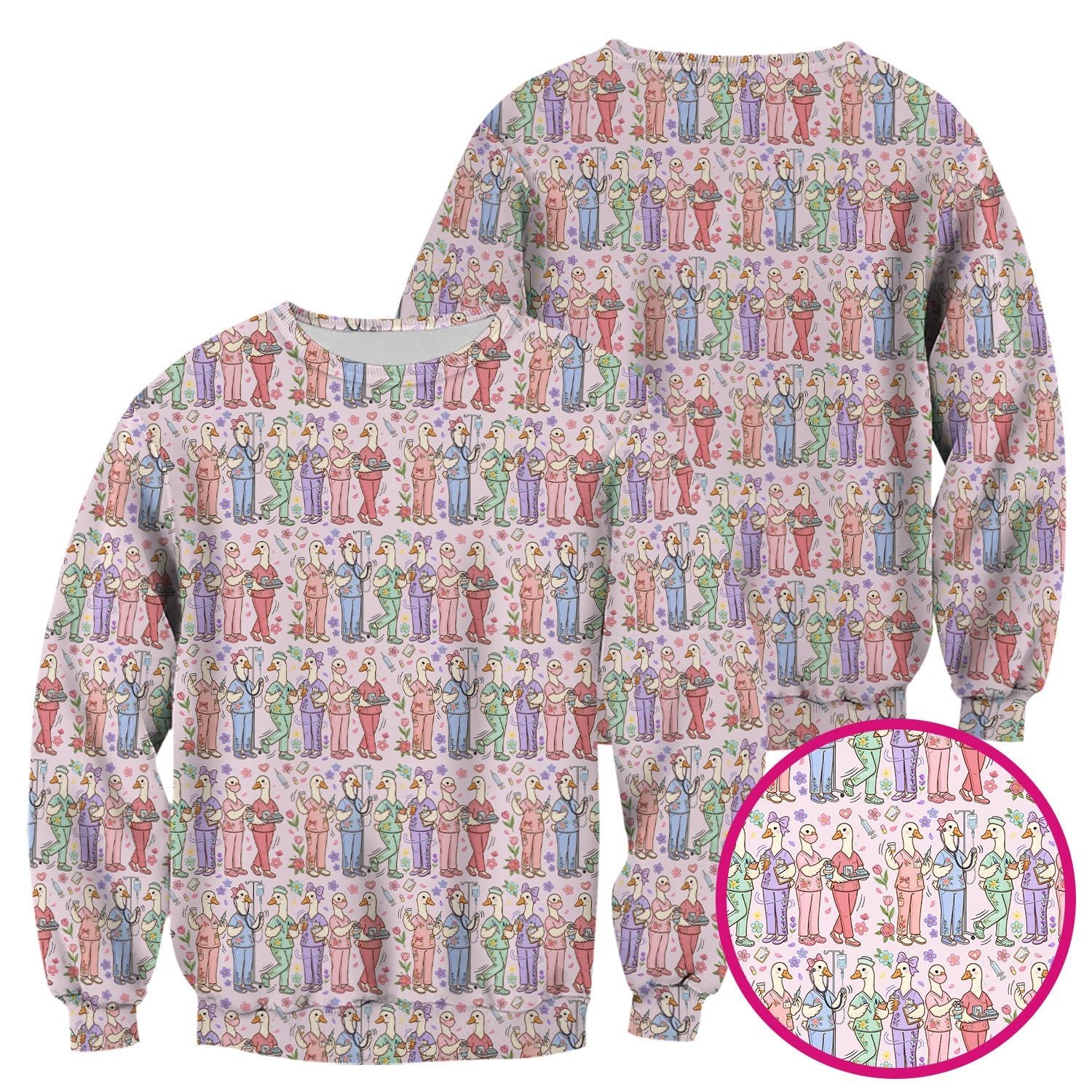 Goose Characters Floral Medical Team Uniform Pattern Scrub Top, Breathable Fabrics Nursing Uniform