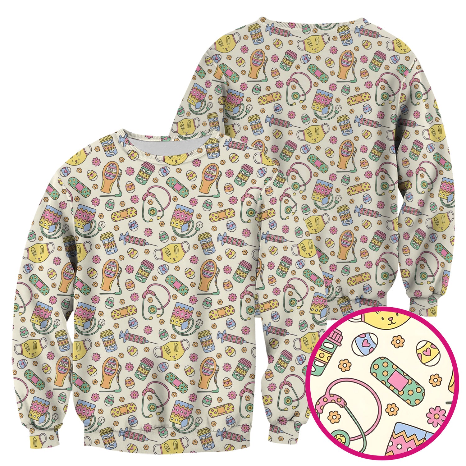 Easter Nurse Bunny Medical Pattern Scrub Top, Breathable Fabrics Nursing Uniform
