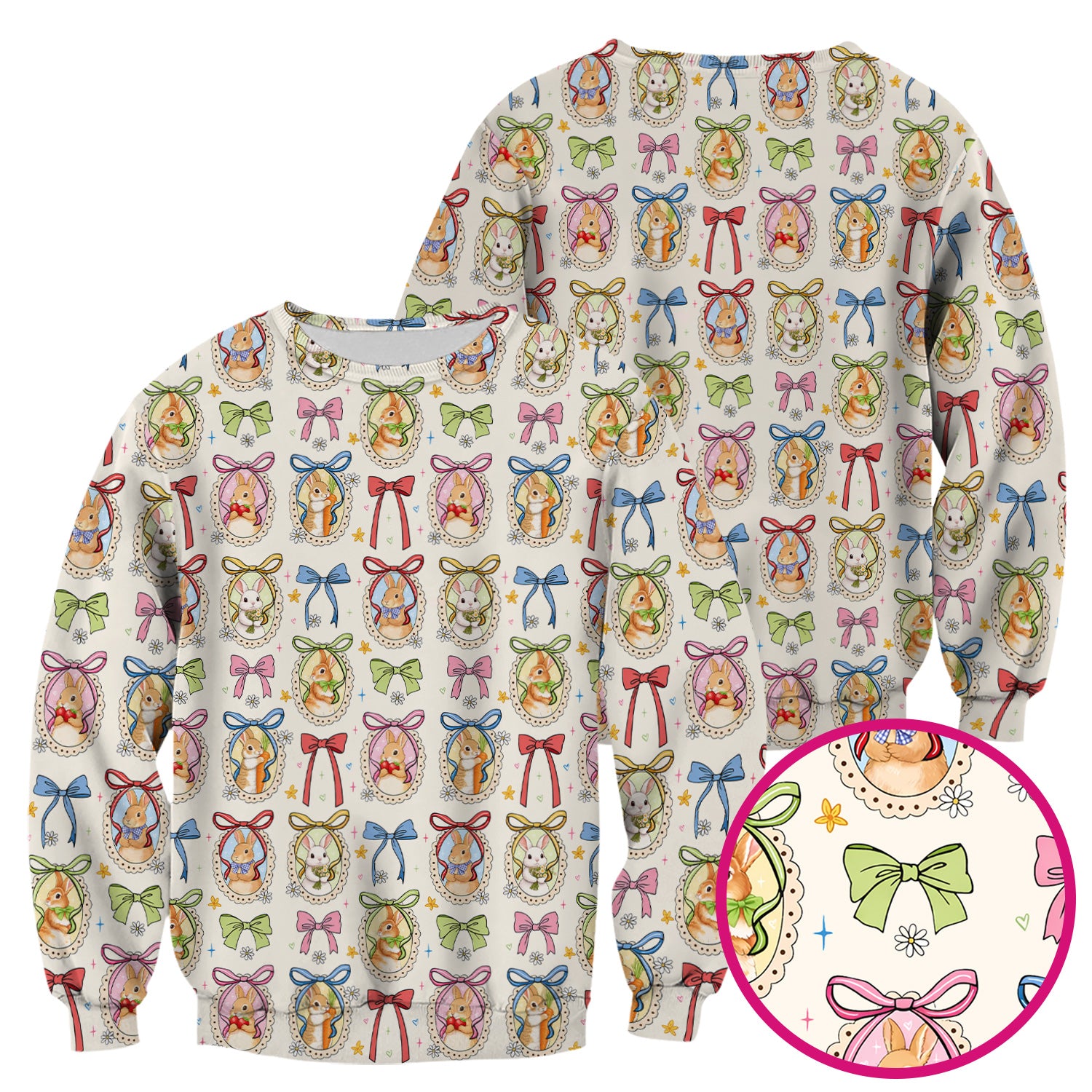 Cute Easter Bunny Cameo Colorful Bow Pattern Scrub Top, Breathable Fabrics Nursing Uniform
