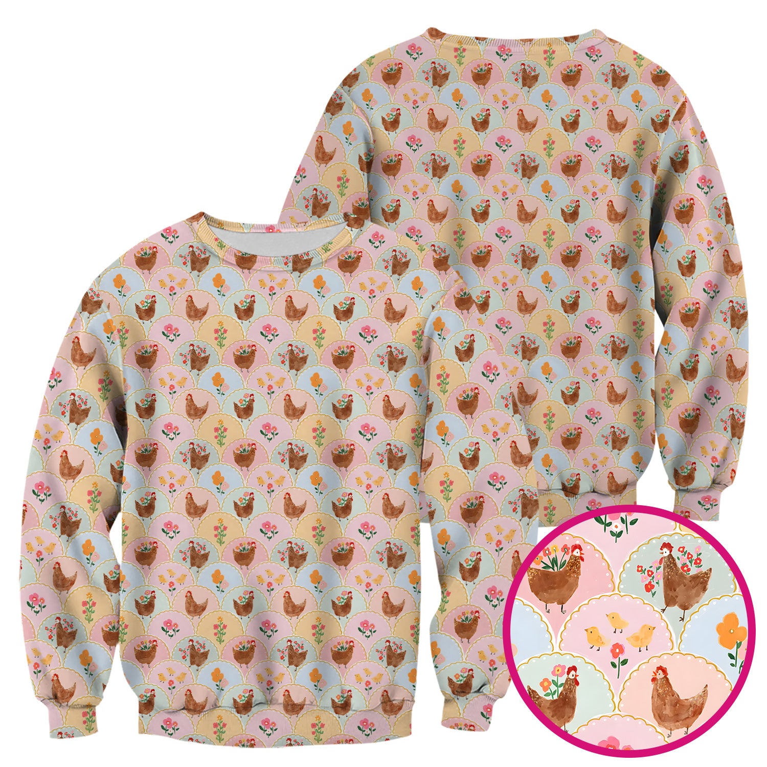 Pastel Chicken With Floral Scrub Top, Cute Chicken Nursing Uniform For Women