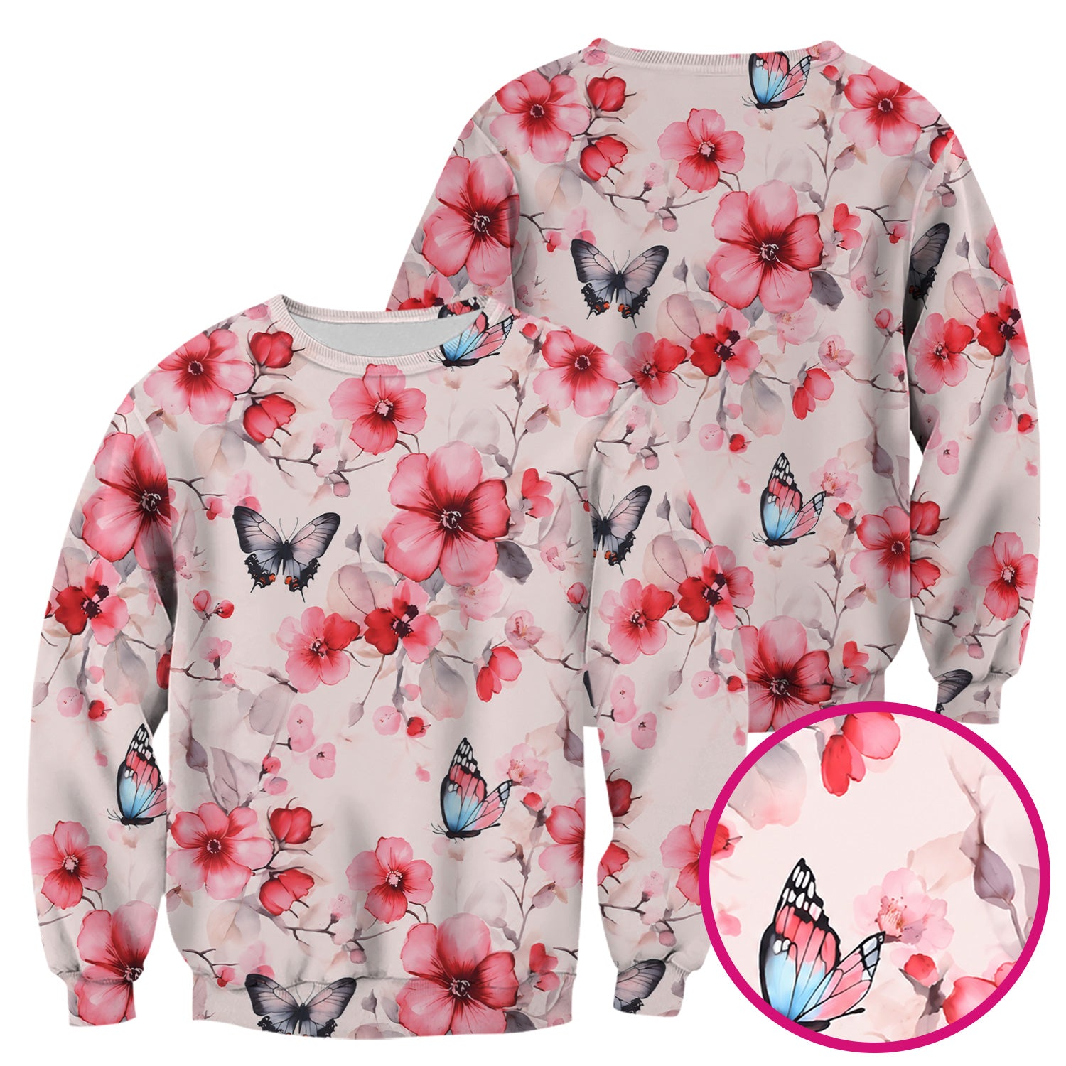 Pink Butterfly Blossom Pattern Scrub Top, Comfortable Scrubs for Nurses