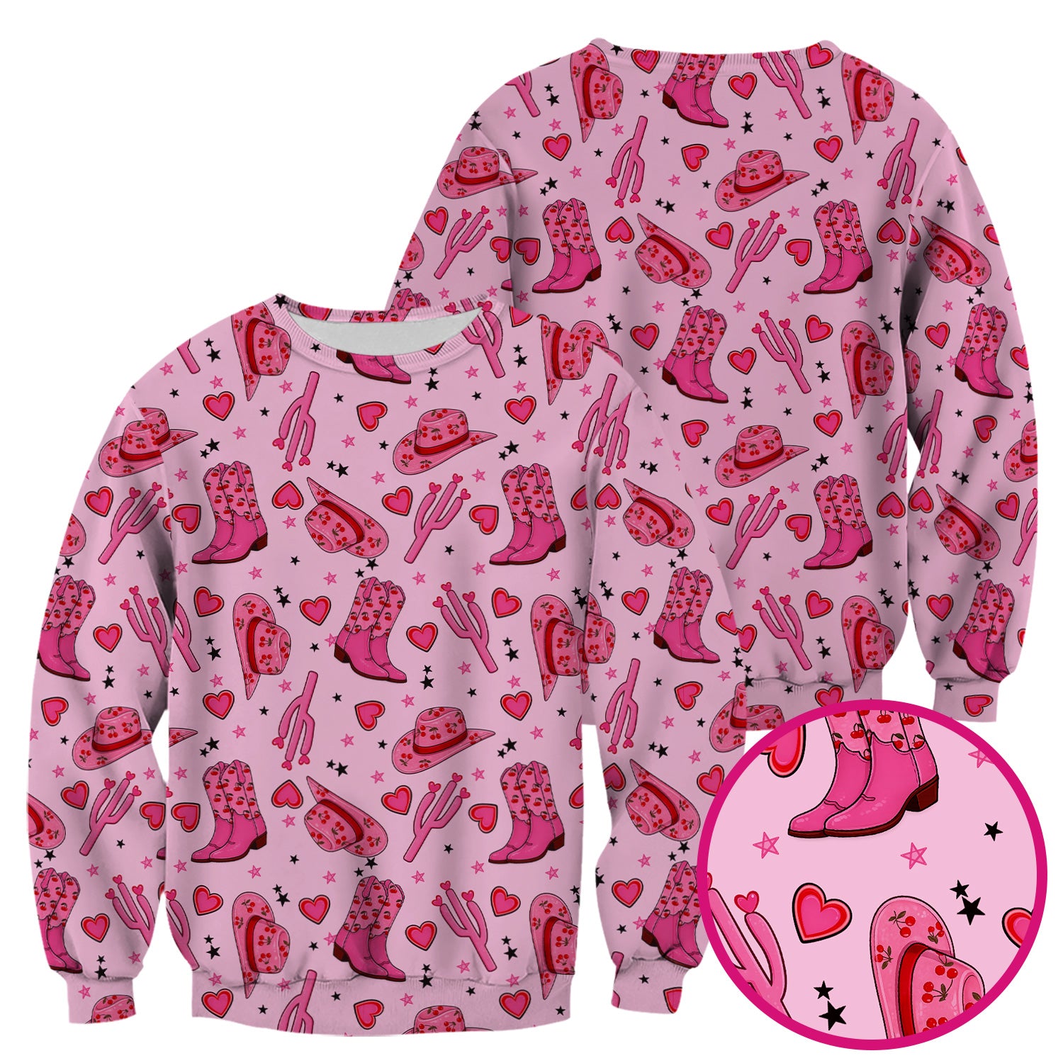 Pink Cowgirl Western Boots Hat Pattern Scrub Top, Breathable Medical Uniform Top