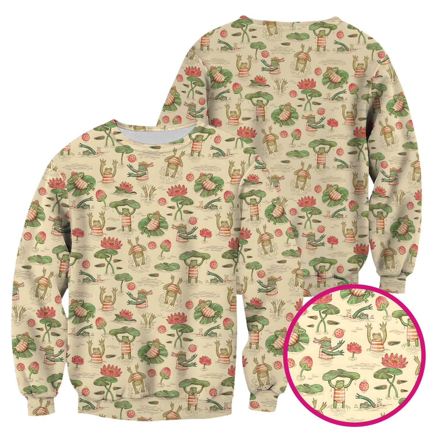 Cute Frogs Swimming Lily Pond Pattern Scrub Top, Comfortable Scrubs for Nurses