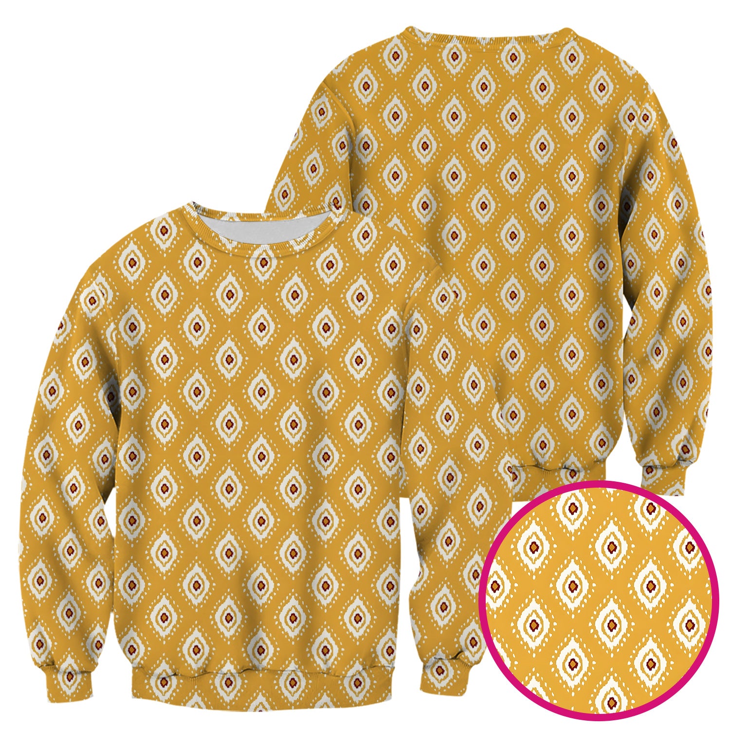 Cute Mustard Geometric Ikat Nurse Pattern Scrub Top, Breathable Fabrics Nursing Uniform