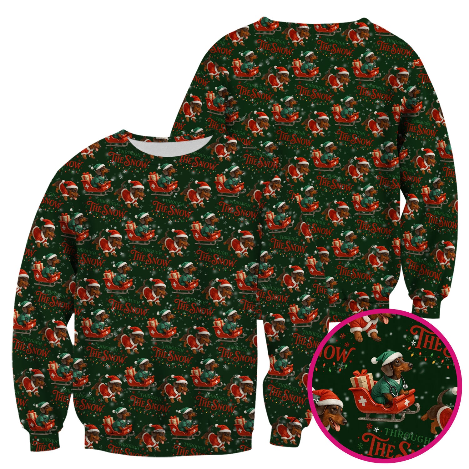 Dachshund Christmas Scrub Top, Cute Dog Nurse Scrub Shirt, Through The Snow Pattern Nursing Uniform