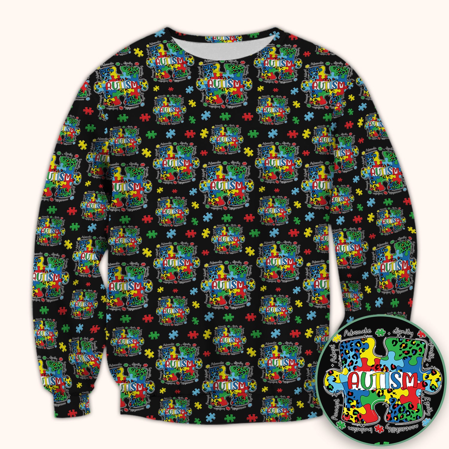 Autism Awareness Puzzle Pattern Scrub Top, Breathable Fabrics Nursing Uniform