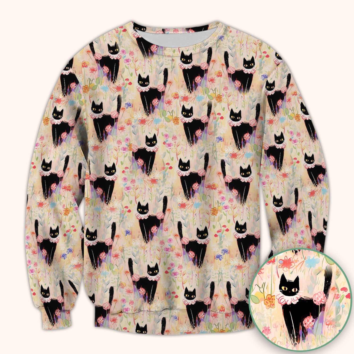 Black Cat Floral Garden Nurse Pattern Scrub Top, Breathable Medical Scrubs