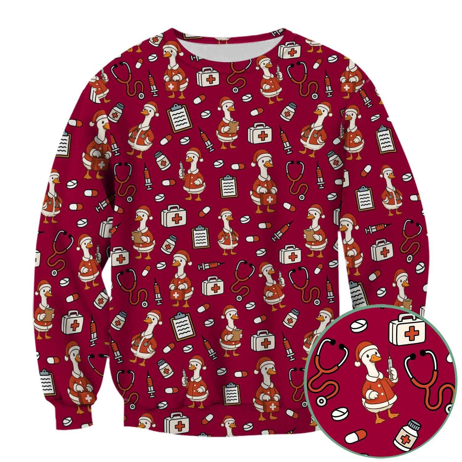 Santa Duck Nurse Scrubs - Christmas Print Medical Shirt for Women Men - Funny Holiday Scrub Top for RN CNA Doctor, Cute Xmas Gift