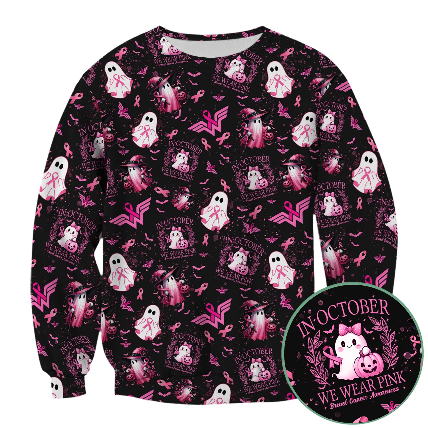 Pink Halloween Scrub Top for Nurses - In October We Wear Pink Breast Cancer Awareness Shirt - Cute Ghost Witch Gift for RN CNA LPN