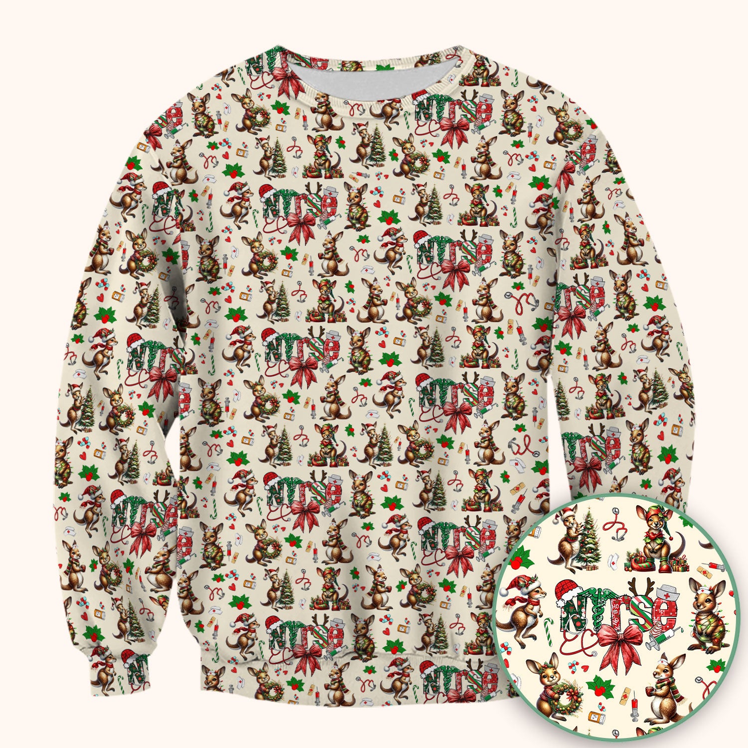 Whimsical Kangaroo Christmas Scrub Top – Festive Australian Animals Holiday Pattern – Cute Medical Uniform for Nurses, Vets & Healthcare Workers