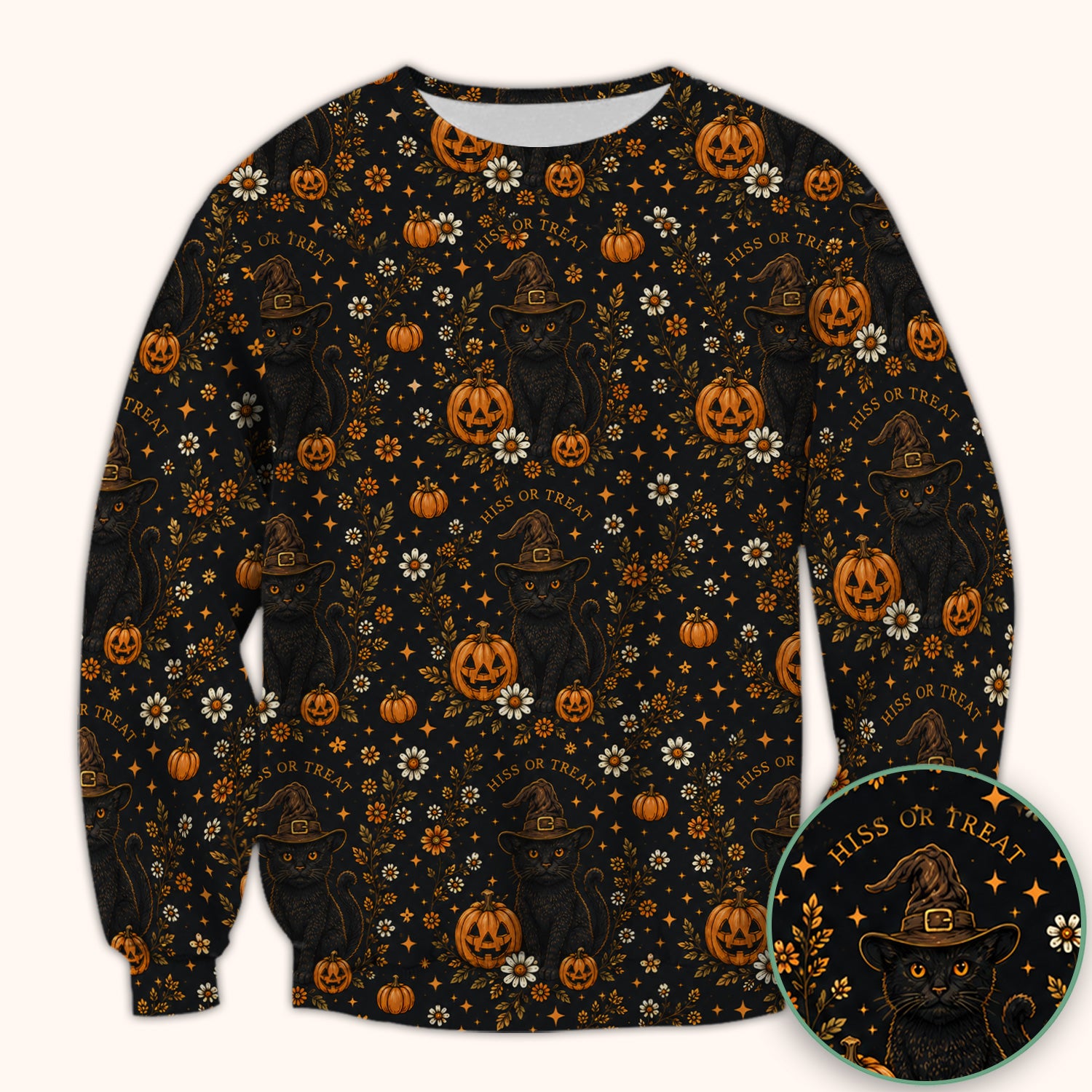 Halloween Black Cat Pumpkin Floral Scrub Top, Comfortable Scrubs for Nurses