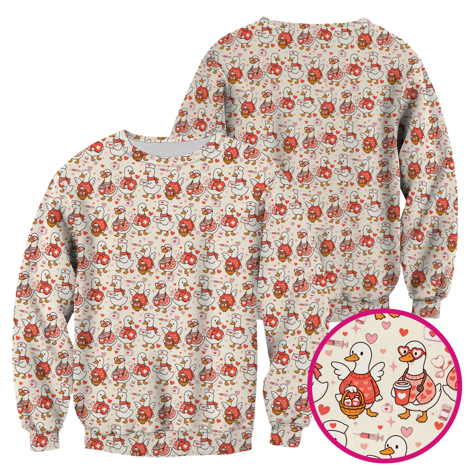 Valentine Goose Nurse Scrub Top, Heart Medical Pattern Nurse Shirt, Breathable Fabrics Nursing Uniform