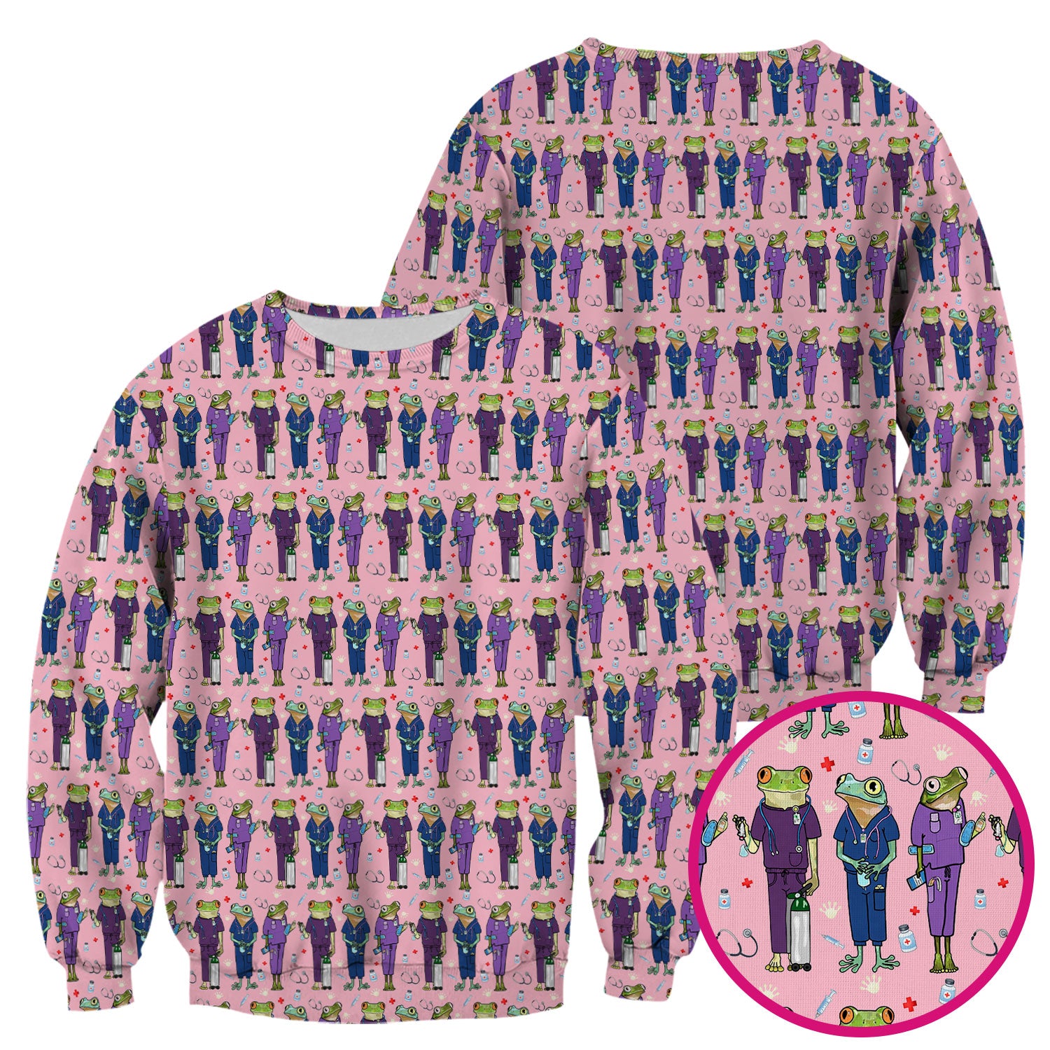 Funny Frog Nurse Pattern Scrub Top, Breathable Healthcare Uniform Top
