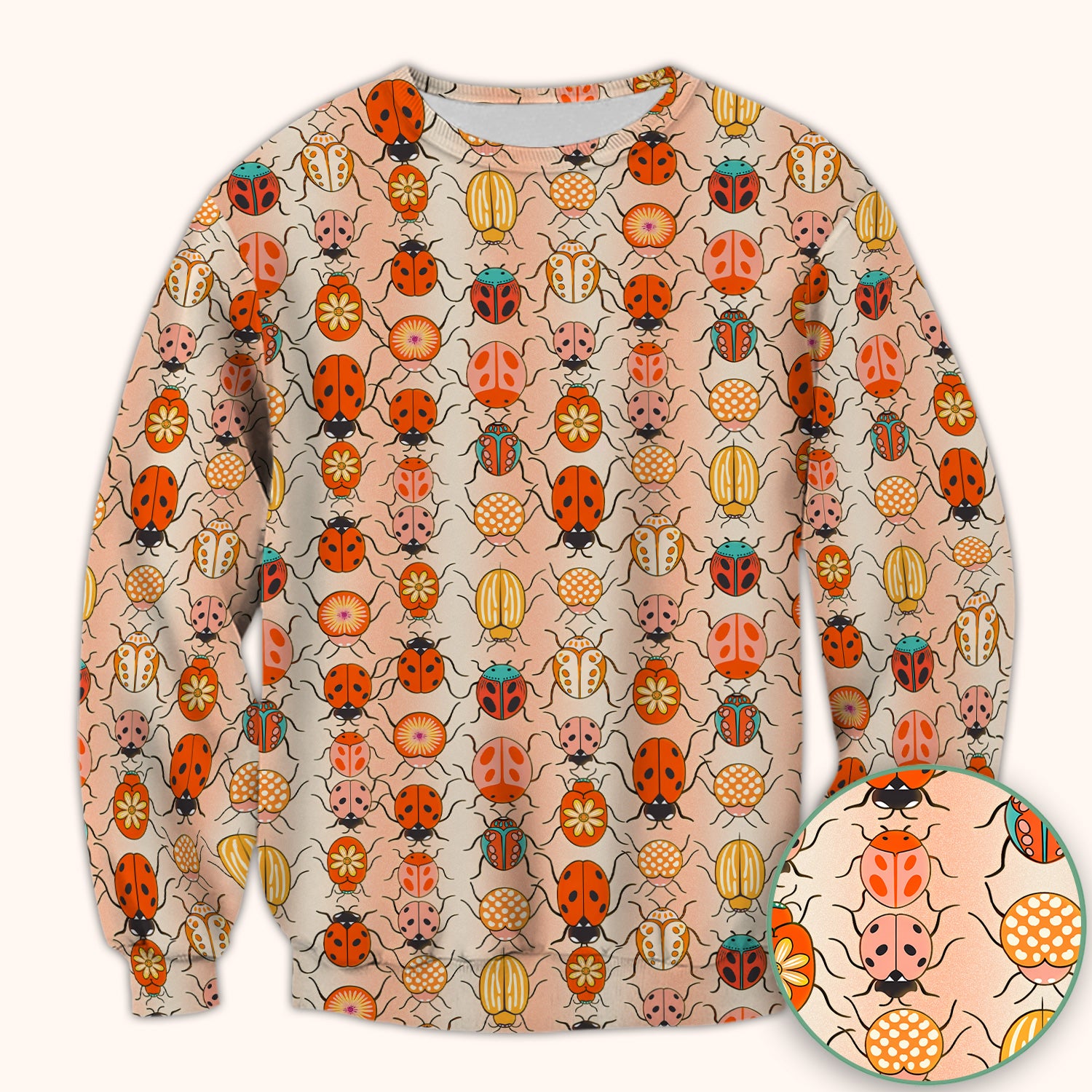 Cute Ladybug Beetle Floral Pattern Scrub Top, Breathable Fabrics Nursing Uniform