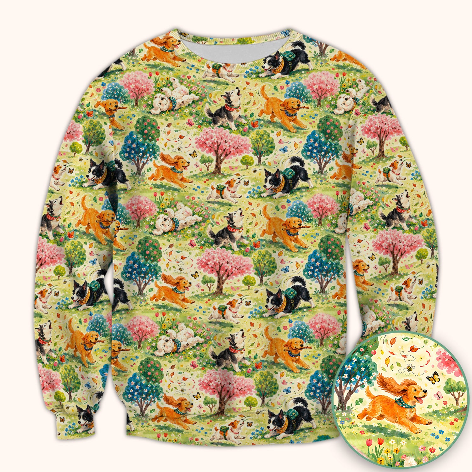 Playful Spring Garden Dogs Pattern Scrub Top, Comfortable Scrubs for Nurses