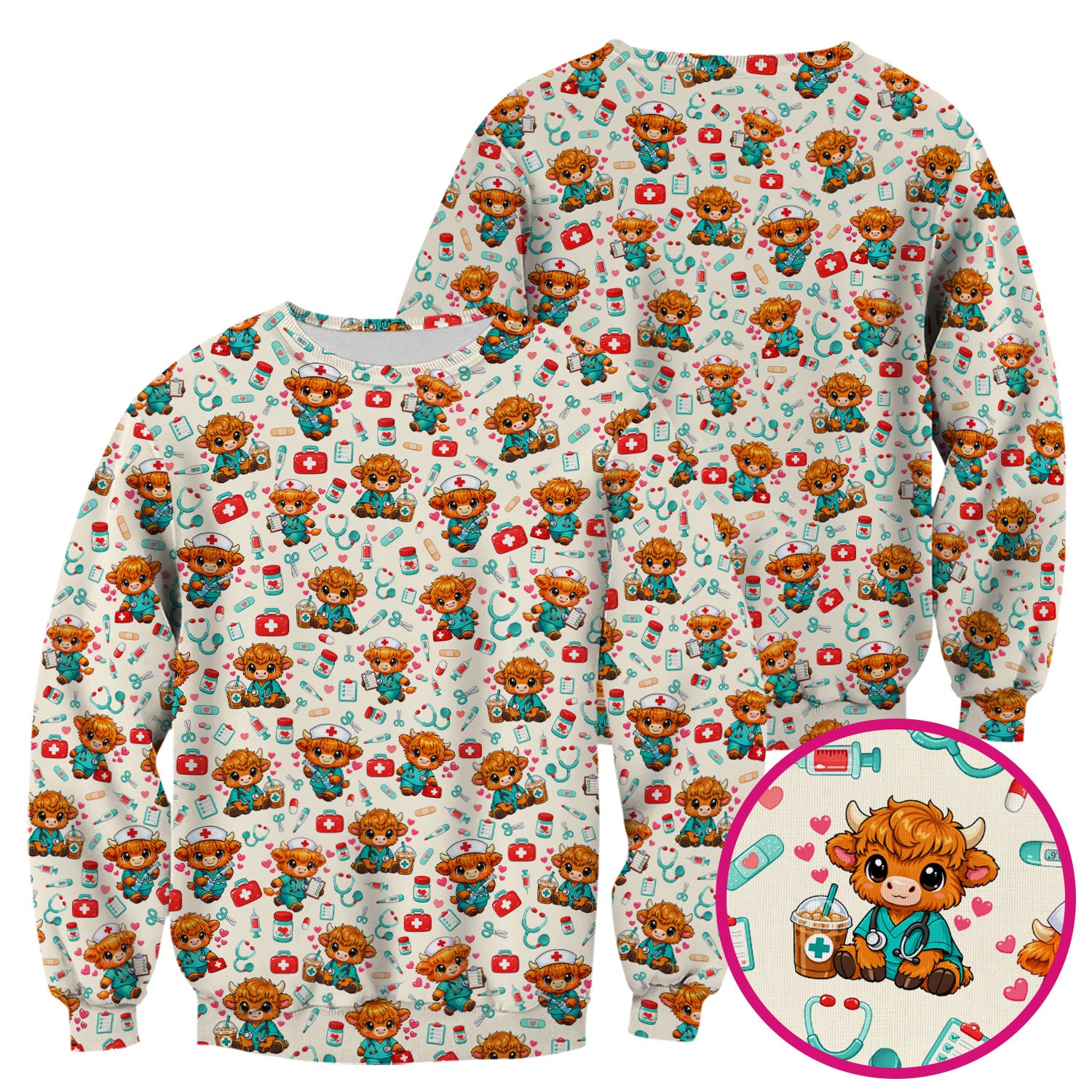 Cute Highland Cow Nurse Scrub Top, Kawaii Medical Pattern Shirt, Breathable Fabrics Nursing Uniform