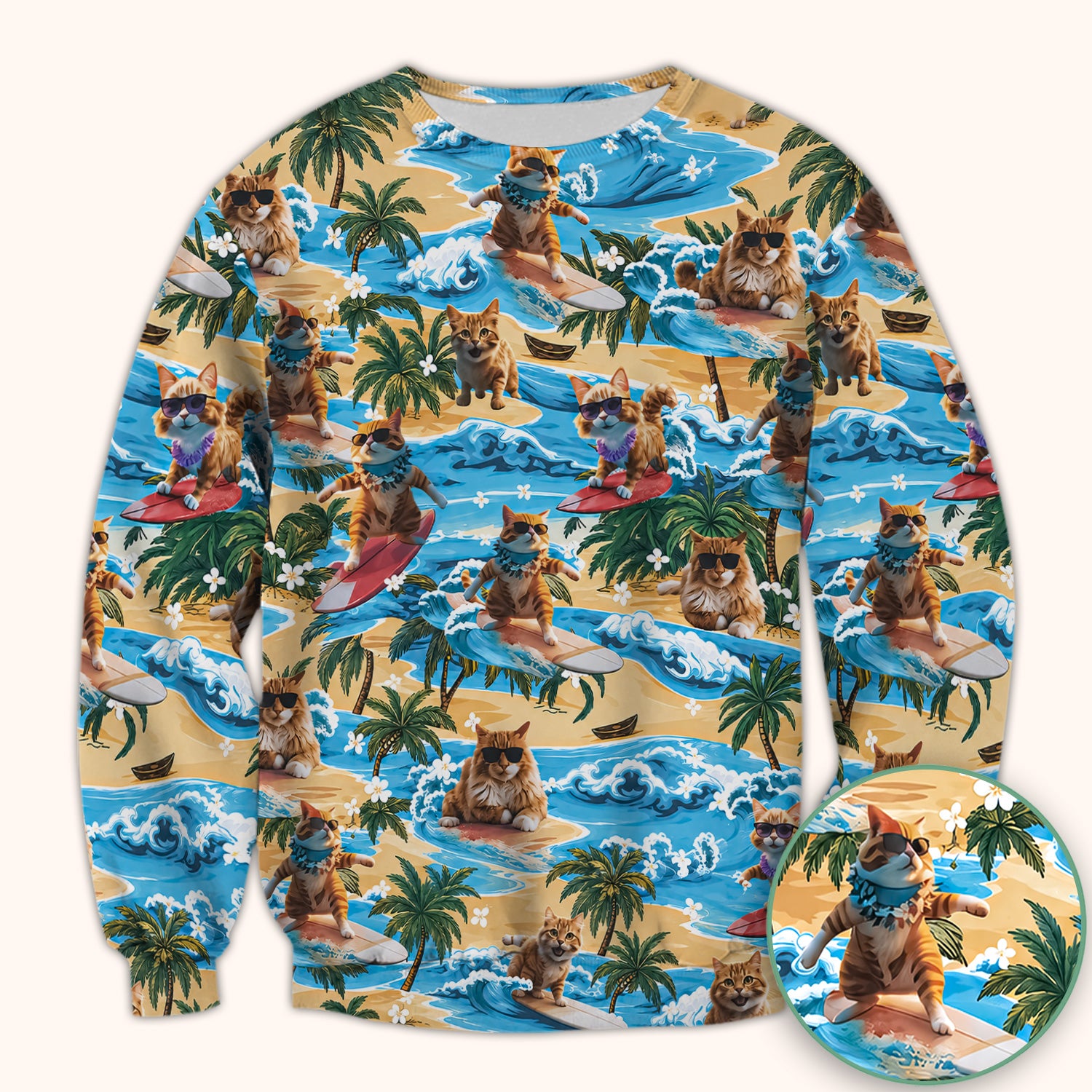 Tropical Surfing Cat with Beach Wave Island Print Scrub Top, Comfortable Scrubs for Nurses
