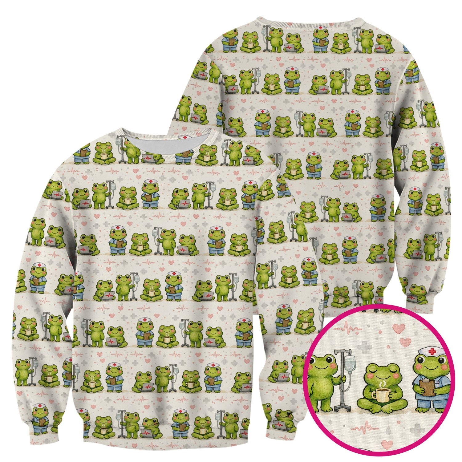 Adorable Frog Nurse Various Poses Print Scrub Top, Comfortable Scrubs for Nurses