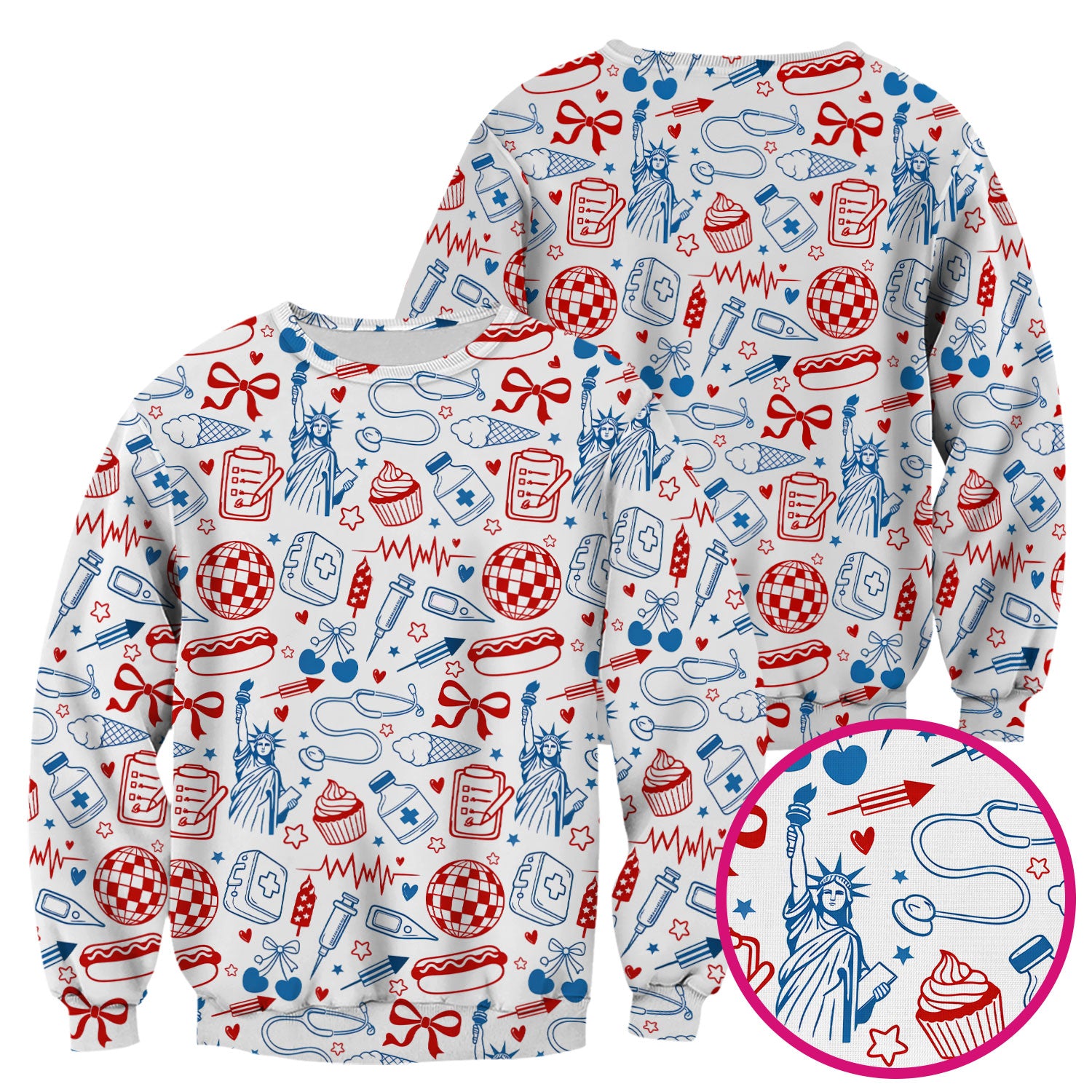 Patriotic Nurse Medical Icons Pattern Scrub Top, Breathable Fabrics Nursing Uniform