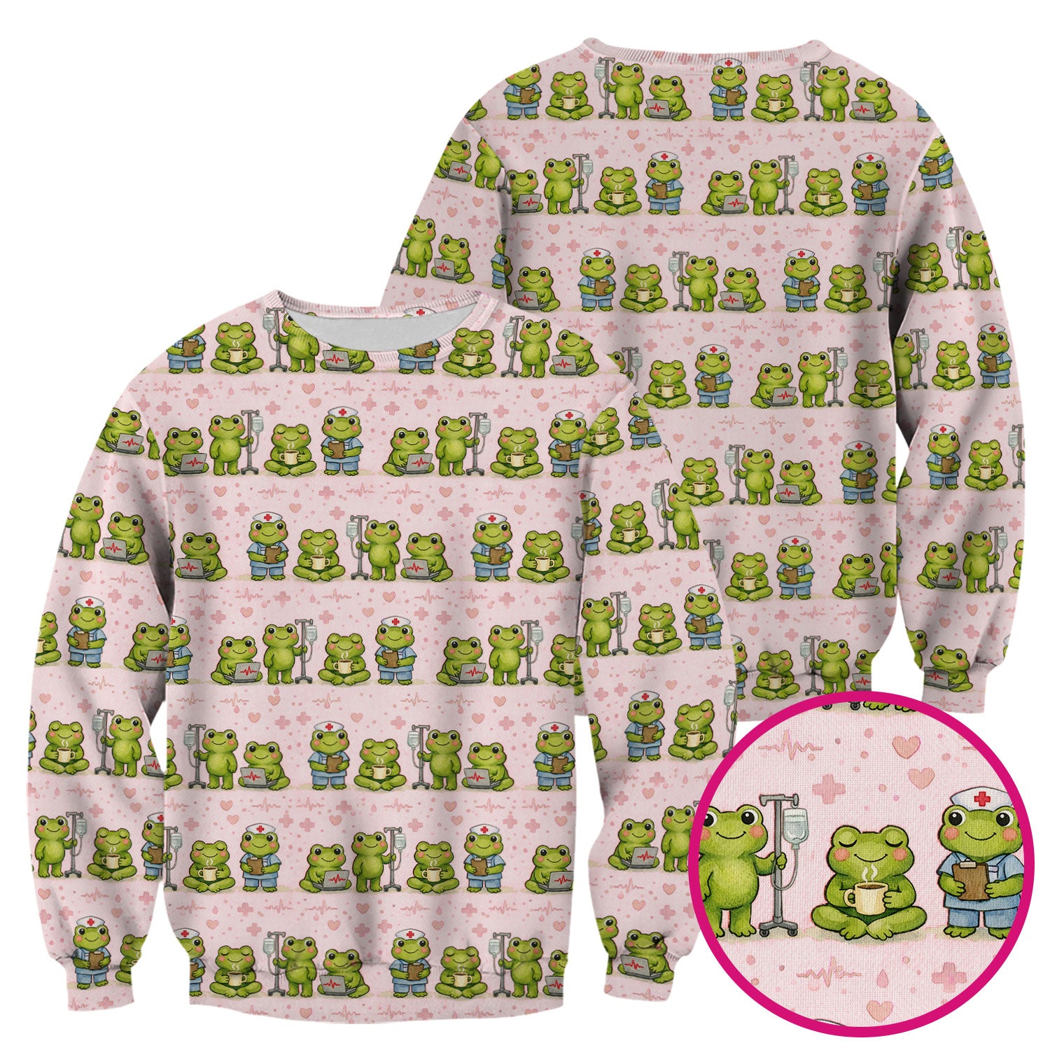 Adorable Frog Nurse Various Poses Print Scrub Top, Comfortable Scrubs for Nurses