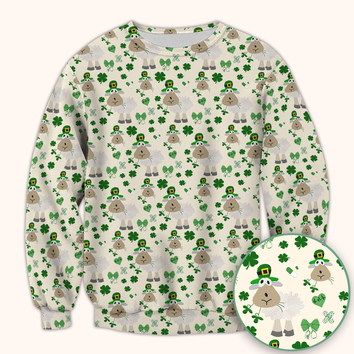 Nurse St. Patrick Scrubs Top, Cute Sheep Shamrock Pattern Nurse Shirt, Breathable Fabrics Nursing Uniform