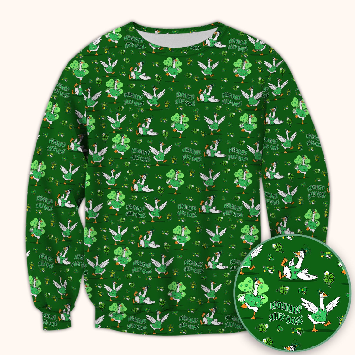 Silly Goose St. Patrick’s Day Scrub Top, Funny Goose Shamrock Pattern Nurse Scrub Shirt, Irish Green Nursing Uniform