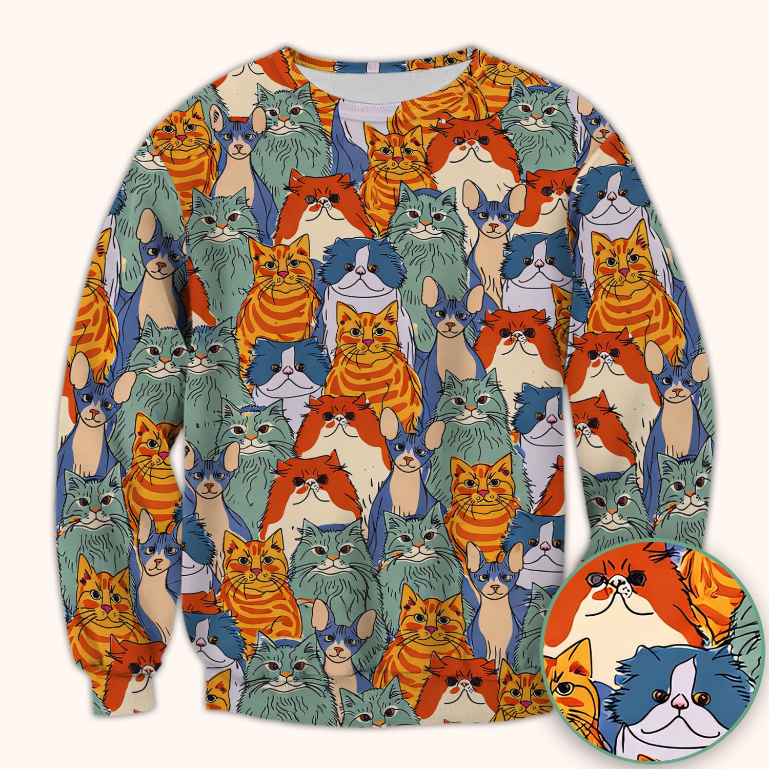 Cute Multicolor Cat Faces Illustration Pattern Scrub Top, Comfortable Scrubs for Nurses