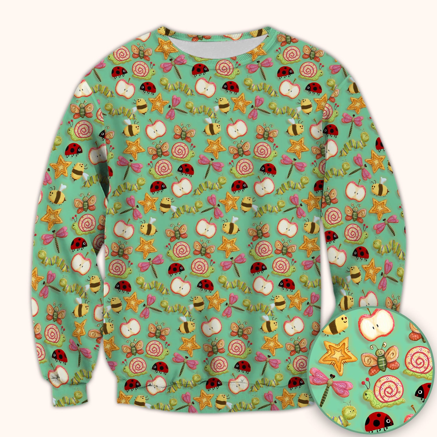 Cute Nurse Snail Ladybug Caterpillar Apple Garden Pattern Scrub Top, Breathable Fabrics Nursing Uniform