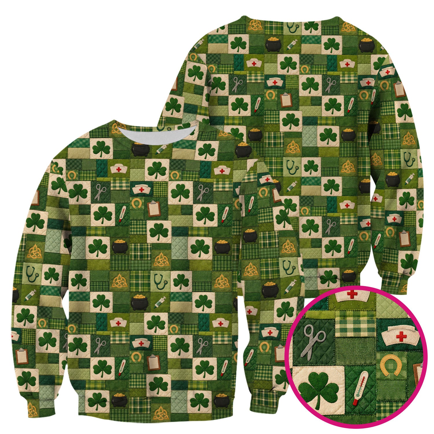 St Patrick Medical Patchwork Shamrock Scrub Top, Comfortable Scrubs for Nurses