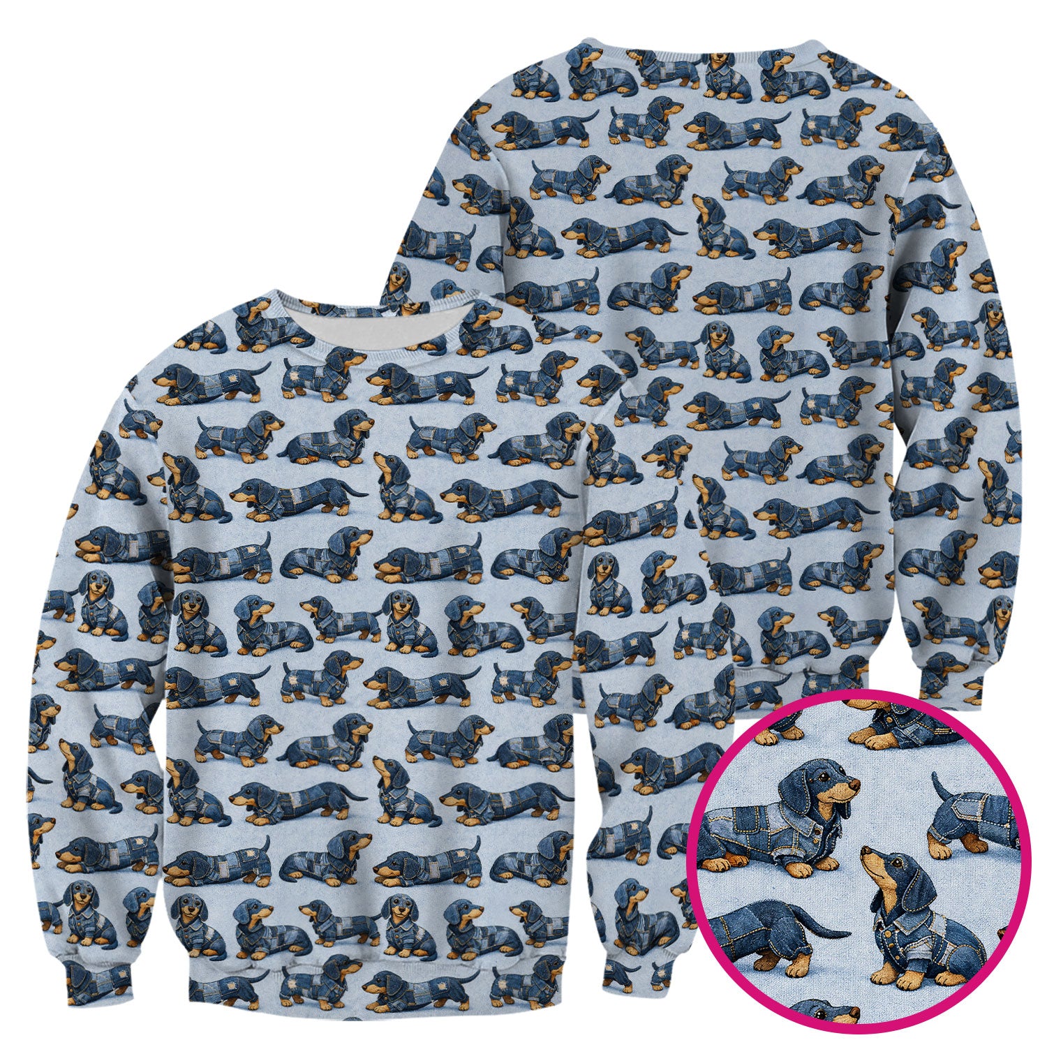 Denim Dachshund Dog Pattern Scrub Top, Breathable Fabrics Nursing Uniform